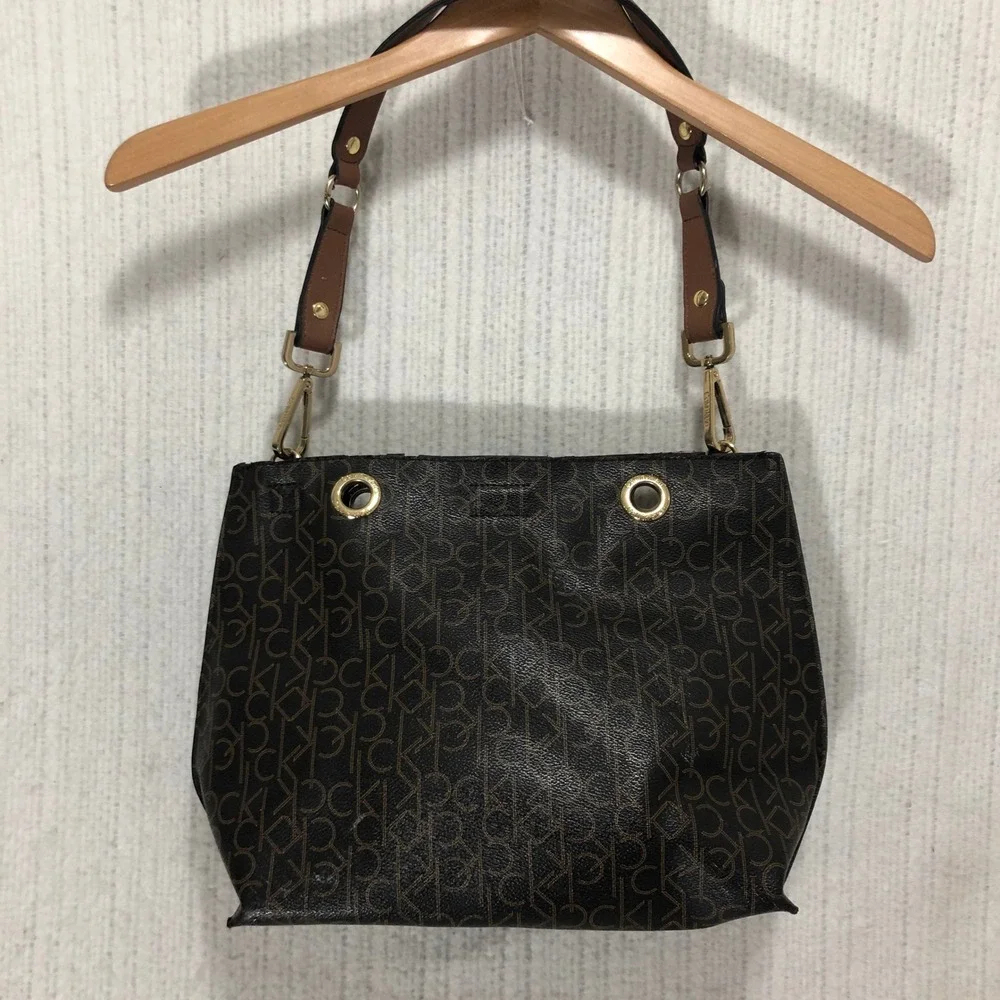 Calvin Klein Monogram Bucket Bag Tote Purse Dark Brown Gold Hardware‎